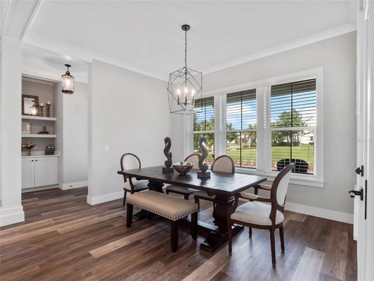 Dining room, Interior, Pendant Lights, Wood Texture Flooring