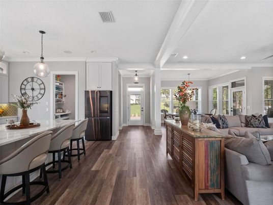Dining room, Interior, Kitchen, Living room, Pendant Lights, Recessed Lighting, Stainless Steel Appliances, Wood Texture Flooring