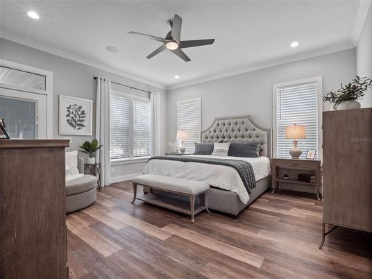 Bedroom, Interior, Recessed Lighting, Wood Texture Flooring