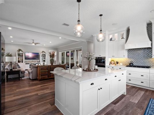 Interior, Kitchen, Living room, Pendant Lights, Recessed Lighting, Stainless Steel Appliances, Wood Texture Flooring