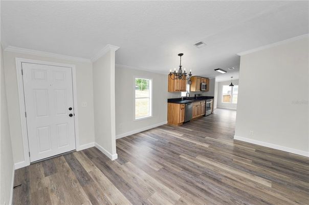 Chandelier, Empty room, Interior, Kitchen, Pendant Lights, Wood Texture Flooring