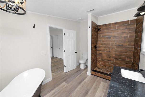 Bathroom, Free Standing Baths, Interior, Wood Texture Flooring, Wooden Walls