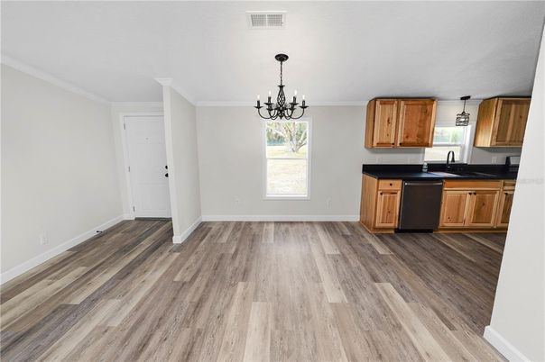 Chandelier, Empty room, Interior, Kitchen, Wood Texture Flooring