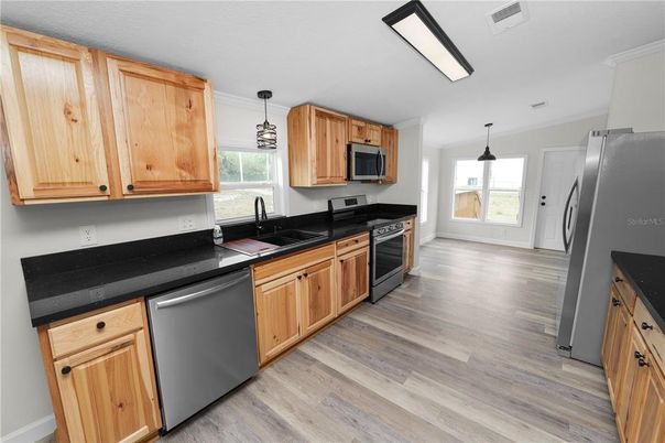 Interior, Kitchen, Pendant Lights, Wood Texture Flooring