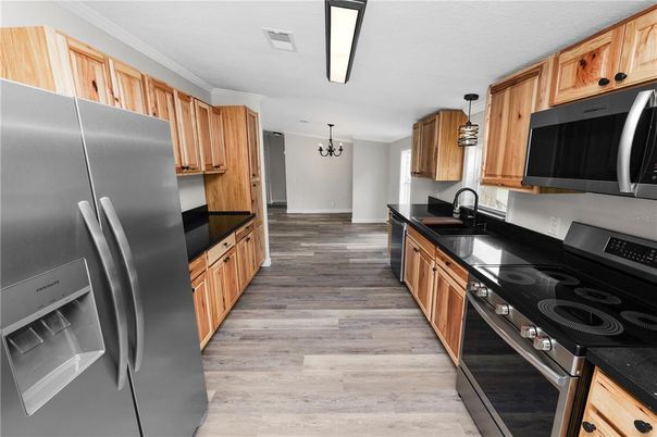 Chandelier, Interior, Kitchen, Pendant Lights, Wood Texture Flooring