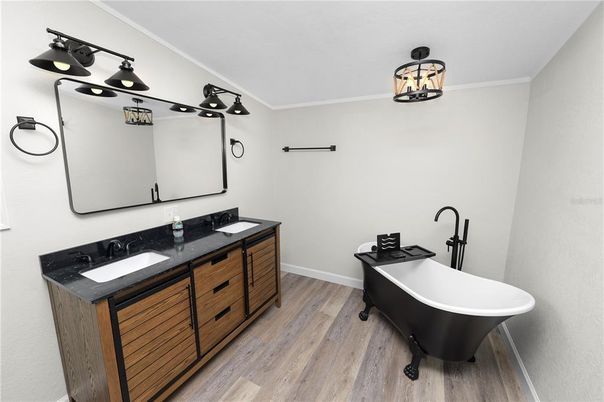 Bathroom, Dual Sink Vanities, Free Standing Baths, Interior, Wood Texture Flooring