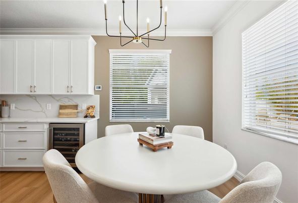 Dining room, Interior, Marble Walls, Pendant Lights, Wood Texture Flooring