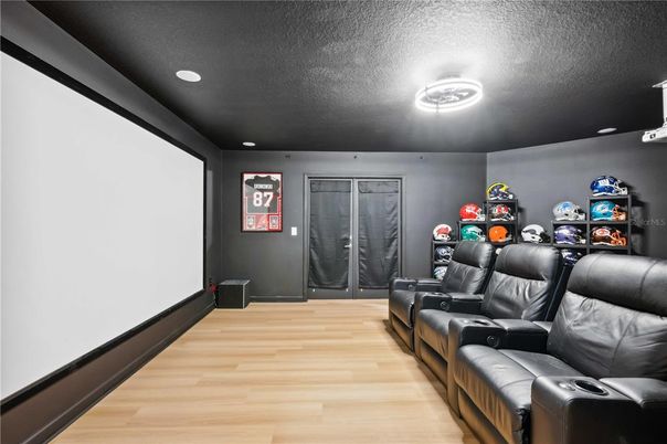 Home Theatre Room, Interior, Projection Screen, Recessed Lighting, Theatre Room, Wood Texture Flooring