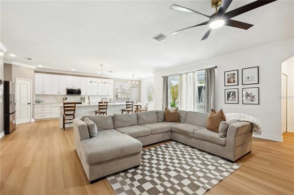 Dining room, Interior, Kitchen, Living room, Pendant Lights, Recessed Lighting, Wood Texture Flooring