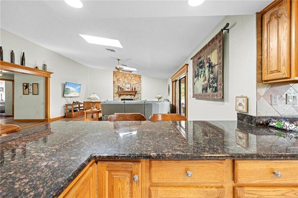 Interior, Kitchen, Recessed Lighting, Stone Walls, Wood Texture Flooring