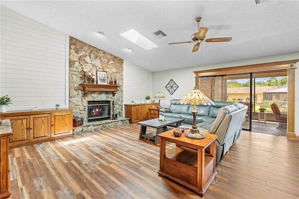 Fireplace, Interior, Living room, Stone Walls, Wood Texture Flooring