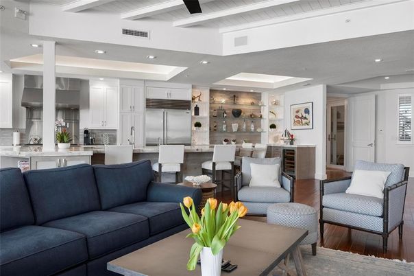 Interior, Kitchen, Living room, Recessed Lighting, Stainless Steel Appliances, Wood Texture Flooring