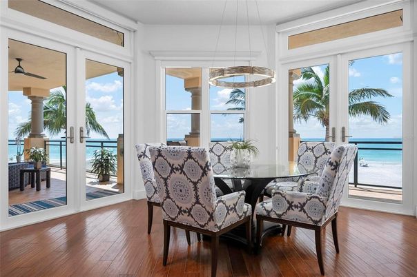 Dining room, Interior, Pendant Lights, Water, Wood Texture Flooring