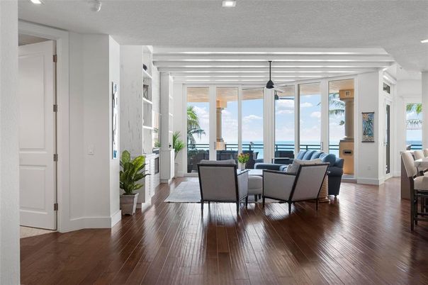 Interior, Living room, Pendant Lights, Recessed Lighting, Water, Wood Texture Flooring