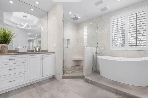 Bathroom, Free Standing Baths, Glass Shower, Interior, Marble Walls, Recessed Lighting