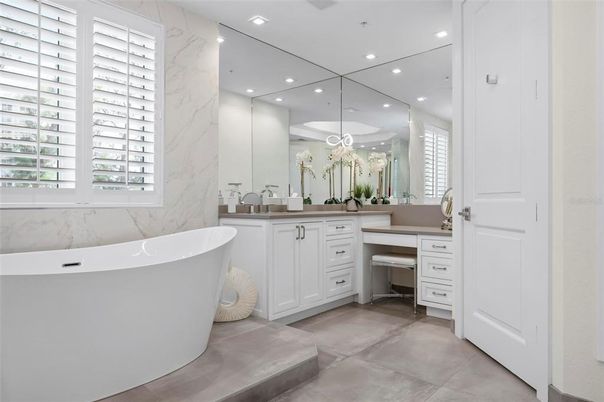Bathroom, Dual Sink Vanities, Free Standing Baths, Interior, Marble Walls, Recessed Lighting