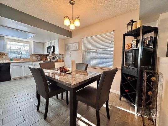 Dining room, Interior, Kitchen, Pendant Lights, Wood Texture Flooring