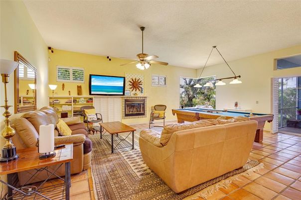 Billiard Table, Fireplace, Game Room, Interior, Living room, Pendant Lights
