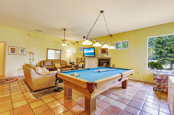 Billiard Table, Fireplace, Game Room, Interior, Living room, Pendant Lights