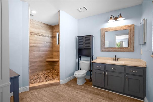 Bathroom, Interior, Recessed Lighting, Wood Texture Flooring, Wooden Walls