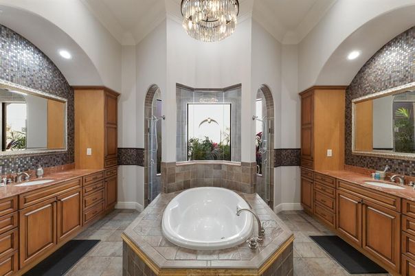 Bathroom, Chandelier, Dual Sink Vanities, Interior, Recessed Lighting