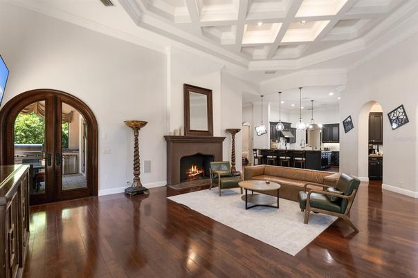 Fireplace, Interior, Kitchen, Living room, Pendant Lights, Recessed Lighting, Wood Texture Flooring
