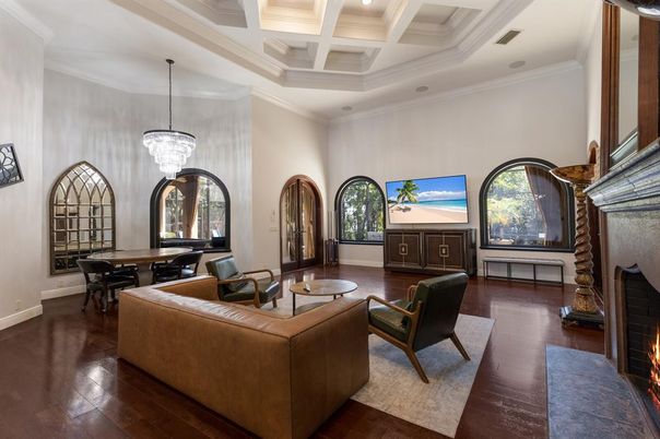 Chandelier, Dining room, Fireplace, Interior, Living room, Recessed Lighting, Wood Texture Flooring