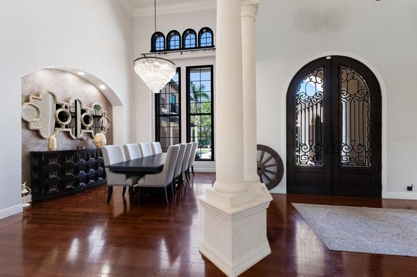 Chandelier, Dining room, Interior, Wood Texture Flooring