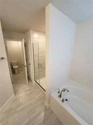 Bathroom, Glass Shower, Interior, Wood Texture Flooring