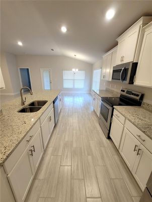 Chandelier, Interior, Kitchen, Recessed Lighting, Wood Texture Flooring
