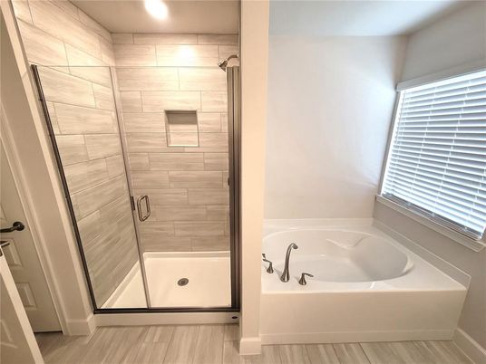 Bathroom, Glass Shower, Interior, Recessed Lighting, Wood Texture Flooring
