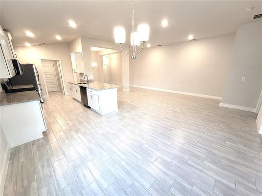 Interior, Kitchen, Pendant Lights, Recessed Lighting, Wood Texture Flooring