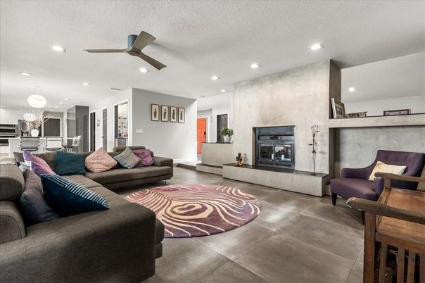Chandelier, Fireplace, Interior, Kitchen, Living room, Recessed Lighting