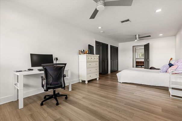 Bedroom, Home Office, Interior, Recessed Lighting, Wood Texture Flooring