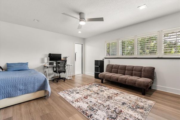 Bedroom, Home Office, Interior, Recessed Lighting, Wood Texture Flooring