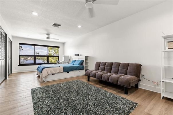 Bedroom, Interior, Recessed Lighting, Wood Texture Flooring