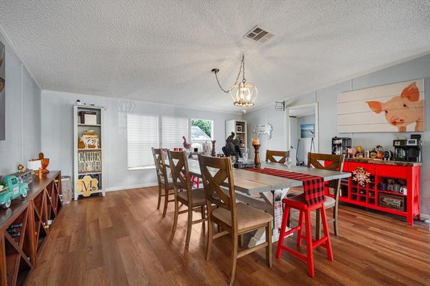 Dining room, Interior, Pendant Lights, Wood Texture Flooring