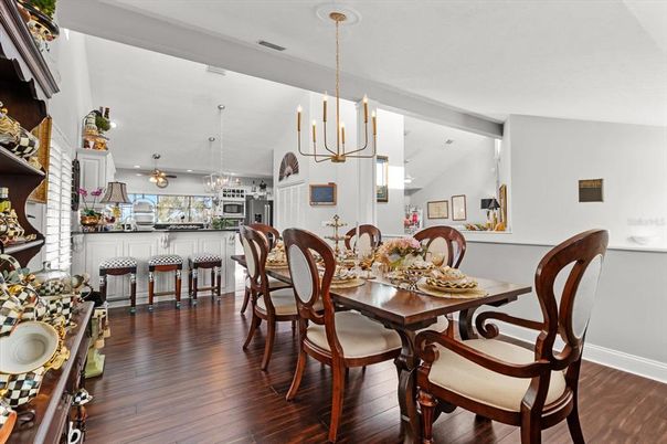 Chandelier, Dining room, Interior, Pendant Lights, Wood Texture Flooring