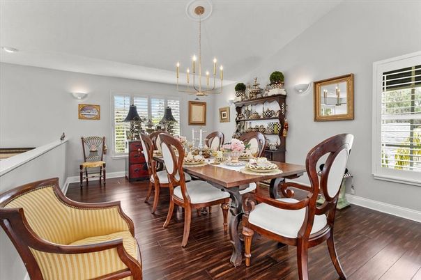 Dining room, Interior, Pendant Lights, Recessed Lighting, Wood Texture Flooring