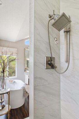 Bathroom, Free Standing Baths, Interior, Marble Walls, Wood Texture Flooring