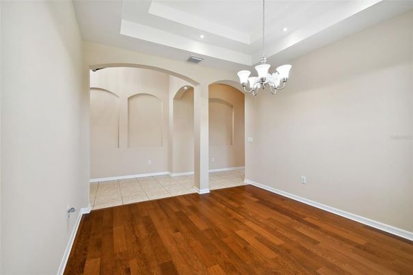 Chandelier, Empty room, Interior, Recessed Lighting, Wood Texture Flooring