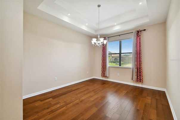 Chandelier, Empty room, Interior, Recessed Lighting, Wood Texture Flooring