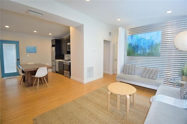 Dining room, Interior, Kitchen, Living room, Recessed Lighting, Wood Texture Flooring