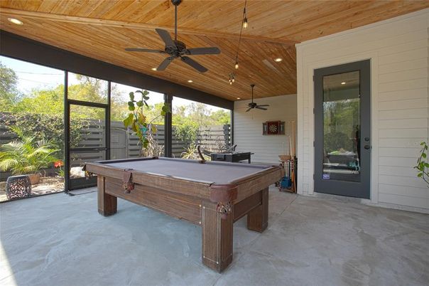 Billiard Table, Game Room, Interior, Recessed Lighting, Wooden Ceilings