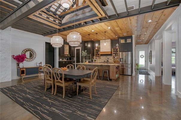 Dining room, Interior, Kitchen, Pendant Lights, Recessed Lighting, Stainless Steel Appliances, Wooden Ceilings