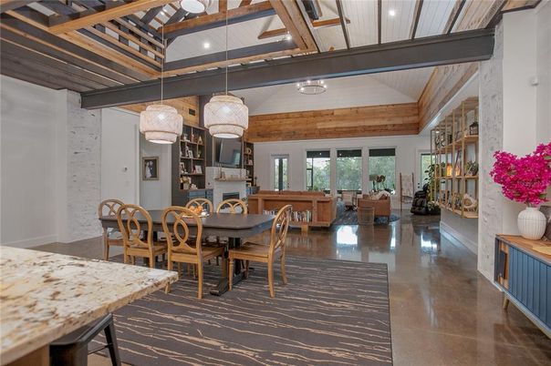Dining room, Fireplace, Interior, Living room, Pendant Lights, Wooden Beams