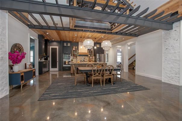 Dining room, Interior, Kitchen, Pendant Lights, Stainless Steel Appliances, Wooden Ceilings