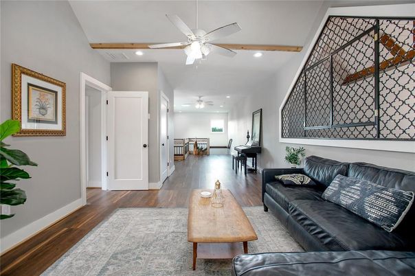 Interior, Living room, Piano, Recessed Lighting, Wooden Beams, Wood Texture Flooring
