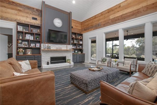 Fireplace, Interior, Living room, Recessed Lighting, Wooden Walls