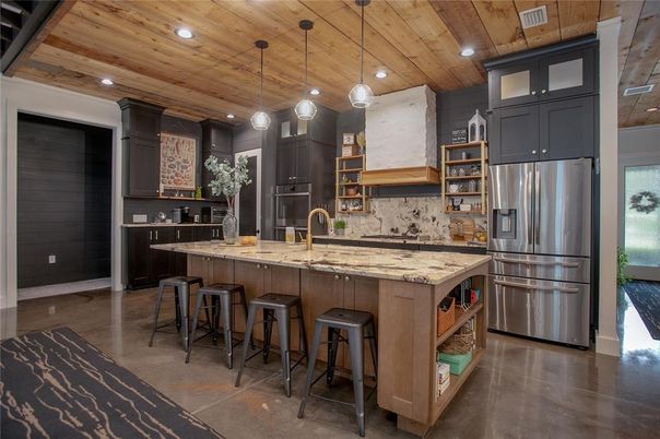 Interior, Kitchen, Pendant Lights, Recessed Lighting, Stainless Steel Appliances, Wooden Ceilings